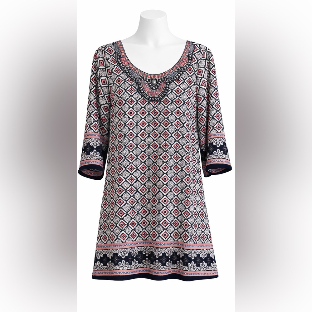 Open Back Boho Chic Beaded Coral Geometric ¾ Sleeve Indie ➕ Earrings Embellished